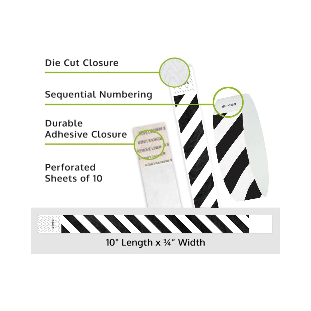 Product packaging with die cut closure, sequential numbering, durable adhesive closure, and perforated sheets of 10; shown with white tyvek wristbands and a black diagonal stripe pattern