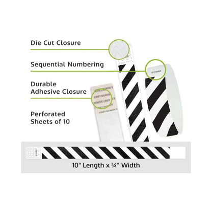 Product packaging with die cut closure, sequential numbering, durable adhesive closure, and perforated sheets of 10; shown with white tyvek wristbands and a black diagonal stripe pattern