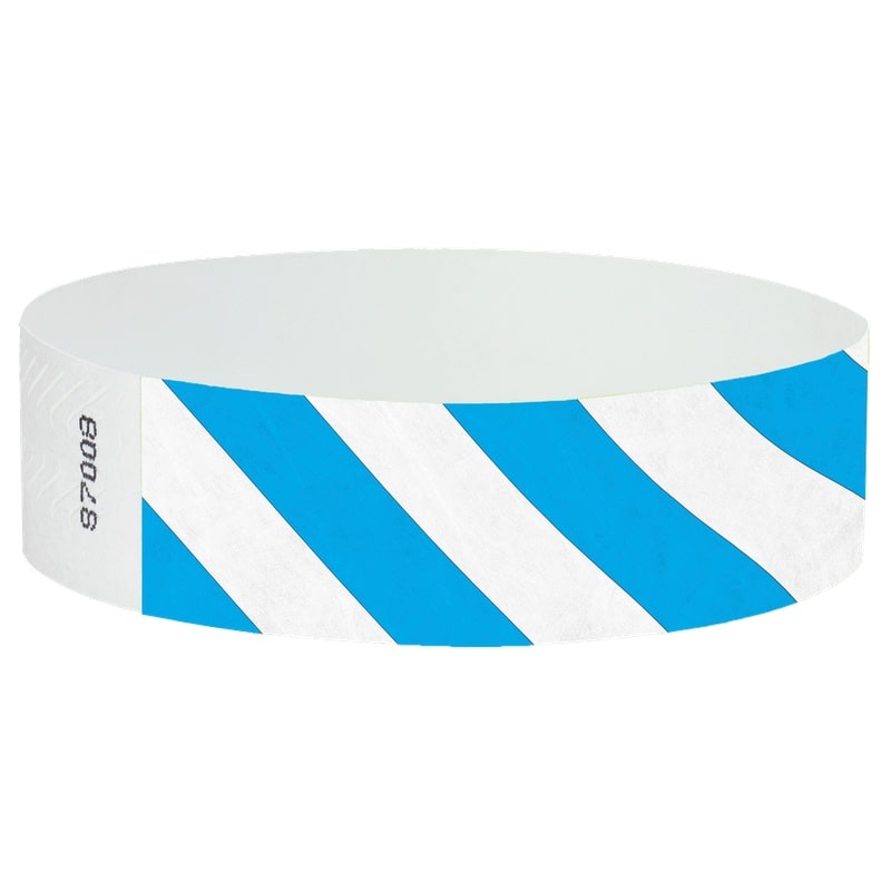 White wristband with neon blue diagonal stripes.