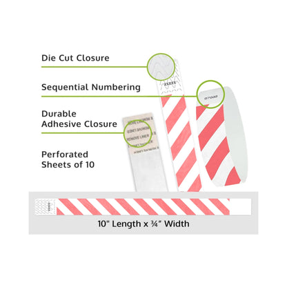 Product packaging with die cut closure, sequential numbering, durable adhesive closure, and perforated sheets of 10; shown with white tyvek wristbands and a coral red diagonal stripe pattern