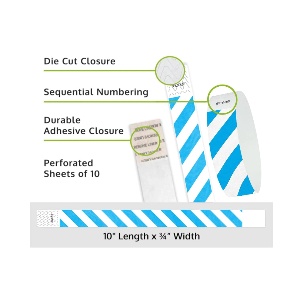Product packaging with die cut closure, sequential numbering, durable adhesive closure, and perforated sheets of 10; shown with white tyvek wristbands and a neon blue diagonal stripe pattern