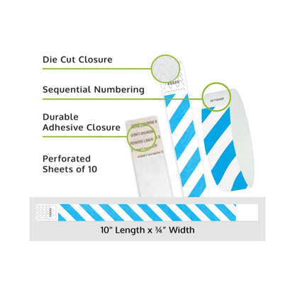 Product packaging with die cut closure, sequential numbering, durable adhesive closure, and perforated sheets of 10; shown with white tyvek wristbands and a neon blue diagonal stripe pattern