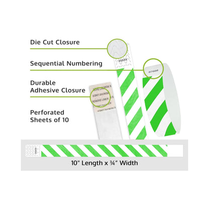 Product packaging with die cut closure, sequential numbering, durable adhesive closure, and perforated sheets of 10; shown with white tyvek wristbands and a neon green diagonal stripe pattern