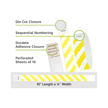 Product packaging with die cut closure, sequential numbering, durable adhesive closure, and perforated sheets of 10; shown with white tyvek wristbands and a neon yellow diagonal stripe pattern