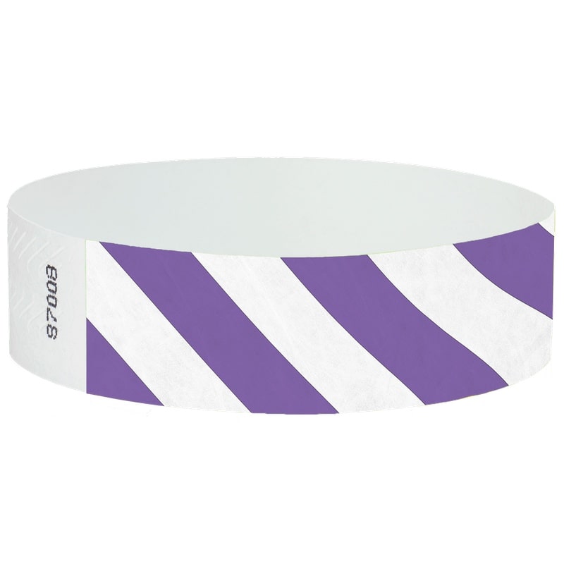 White wristband with purple diagonal stripes.