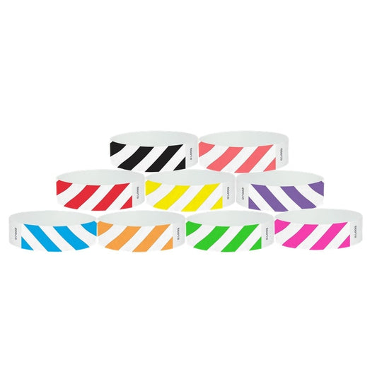 striped tyvek wristbands shown in black, coral red, neon red, neon yellow, purple, neon blue, neon orange, neon green and neon pink