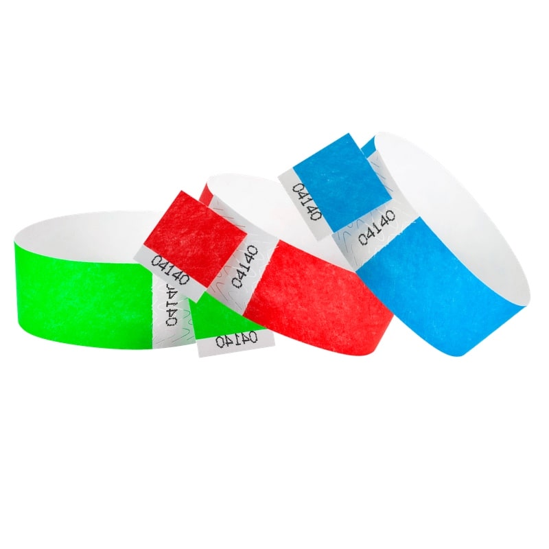 tyvek 1" wristbands with detachable stub and duplicate numbering shown in neon red, neon blue and neon green
