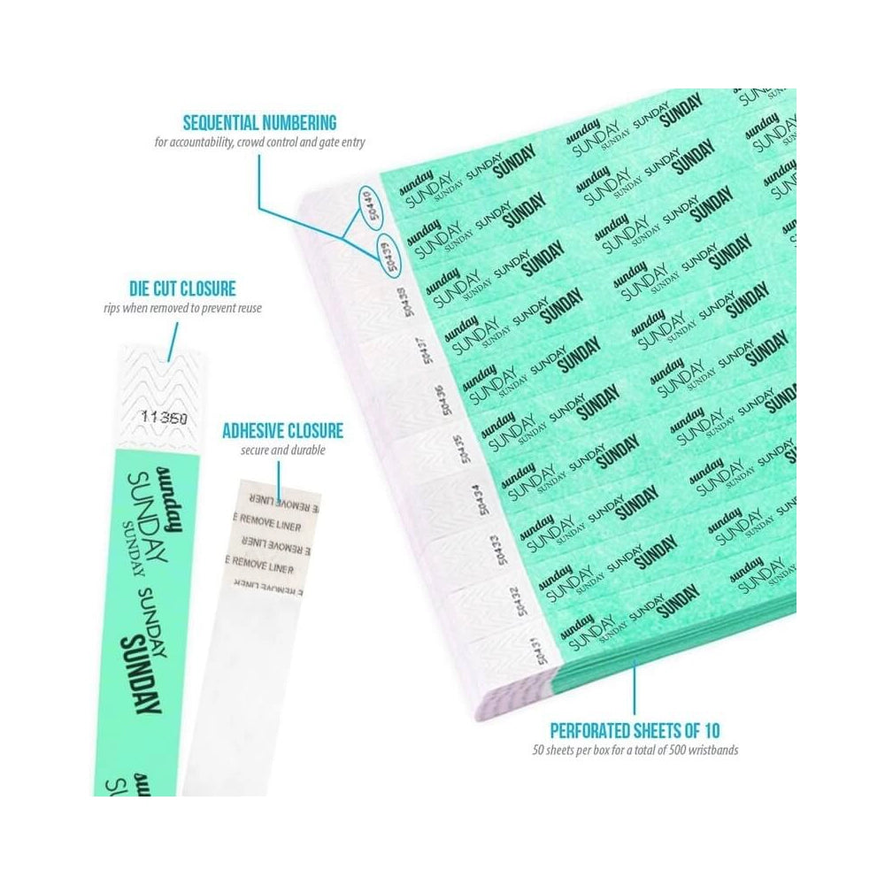 Product packaging with die cut closure, sequential numbering, durable adhesive closure, and perforated sheets of 10; shown in an aqua tyvek wristband with black sunday text repeated