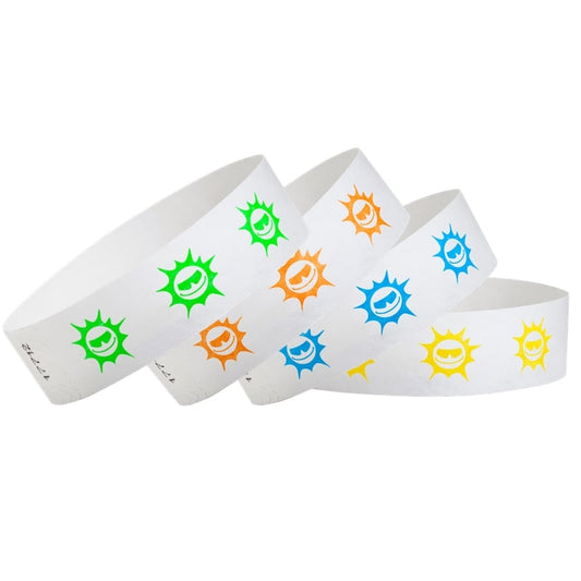White wristbands with colorful sun designs in neon orange, neon blue, neon green and neon yellow