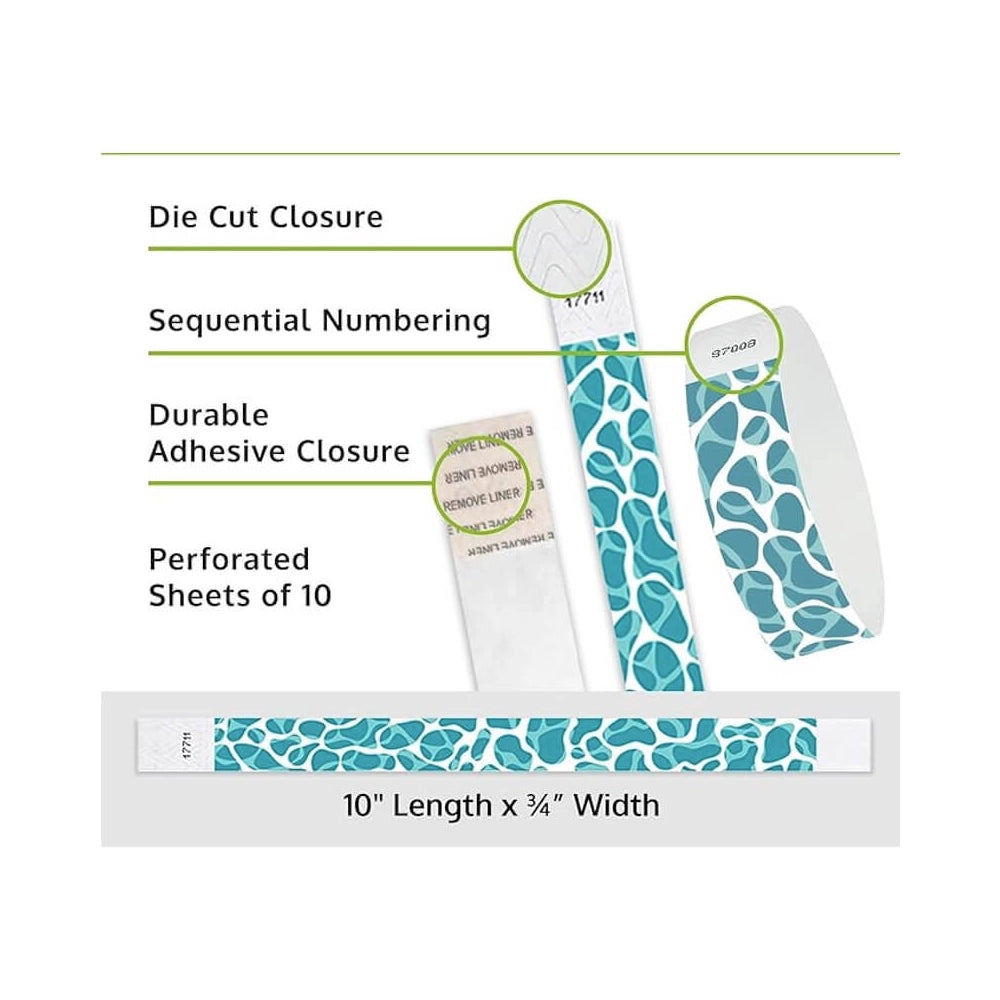 swimming pool  tyvek wristband detail product page showing the die cut adhesive closure, sequential numbering, perforated sheets of 10 and the dimensions.