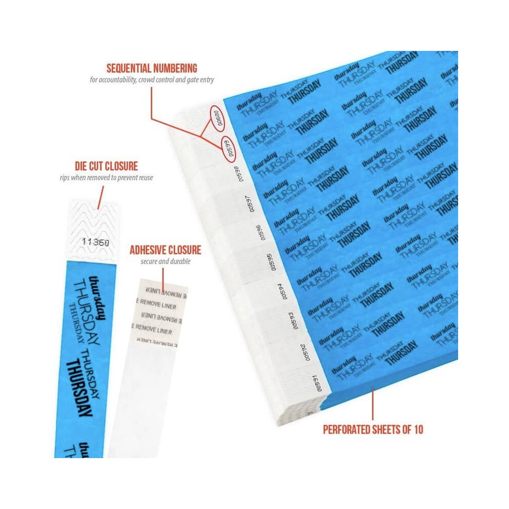 Product packaging with die cut closure, sequential numbering, durable adhesive closure, and perforated sheets of 10; shown in a neon blue tyvek wristband with black thursday text repeated