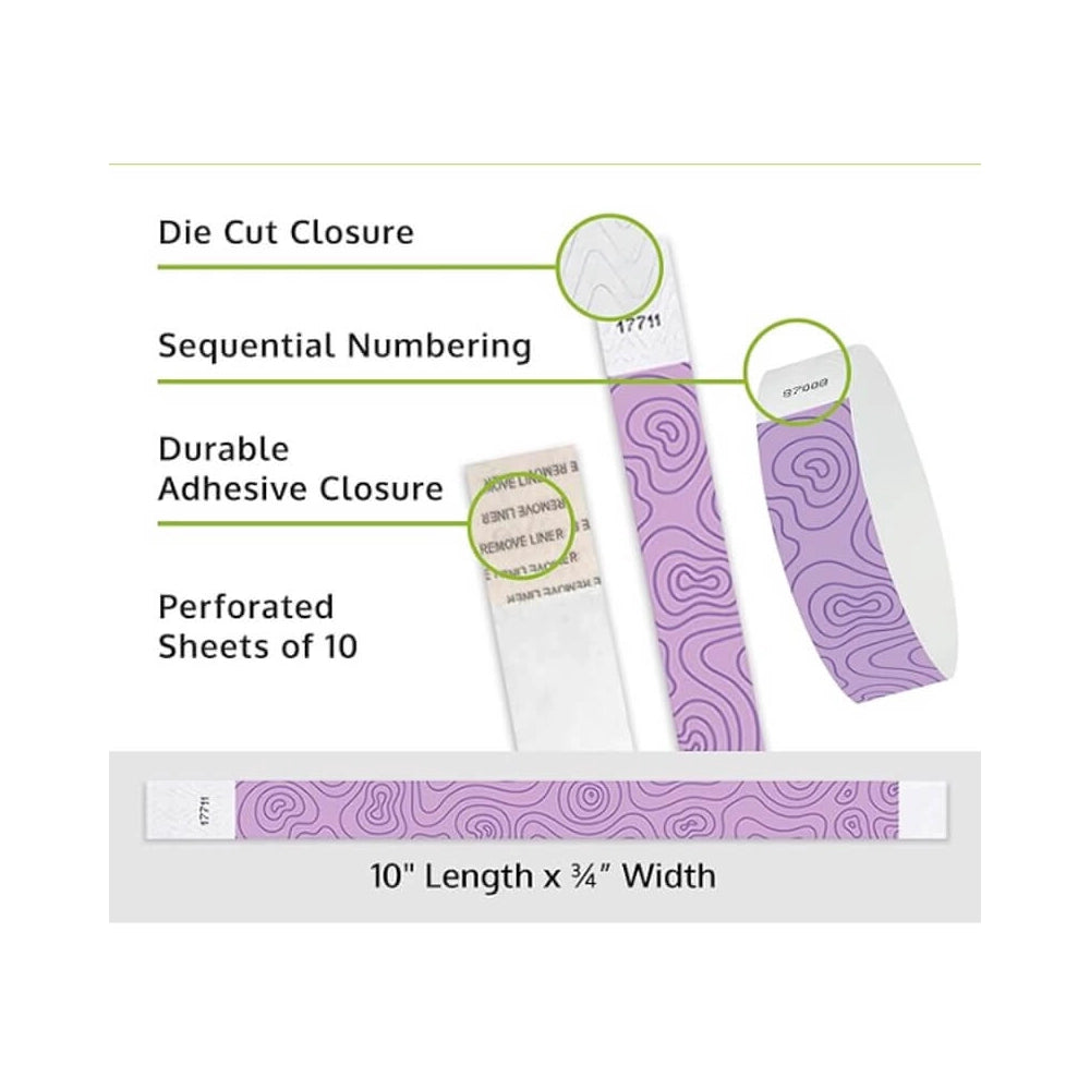 Product packaging with die cut closure, sequential numbering, durable adhesive closure, and perforated sheets of 10; shown with a berry tyvek wristband with a purple topographical map pattern