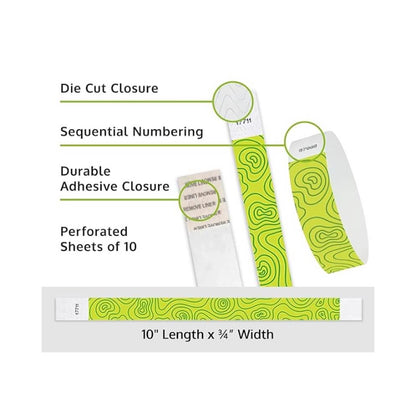 Product packaging with die cut closure, sequential numbering, durable adhesive closure, and perforated sheets of 10; shown with a lime green tyvek wristband with a kelly green topographical map pattern