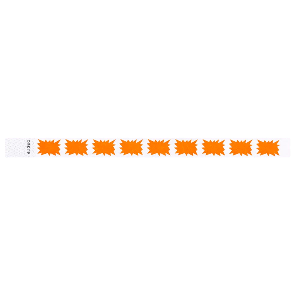 White tyvek wristband with neon orange starburst pattern - flat version shown
