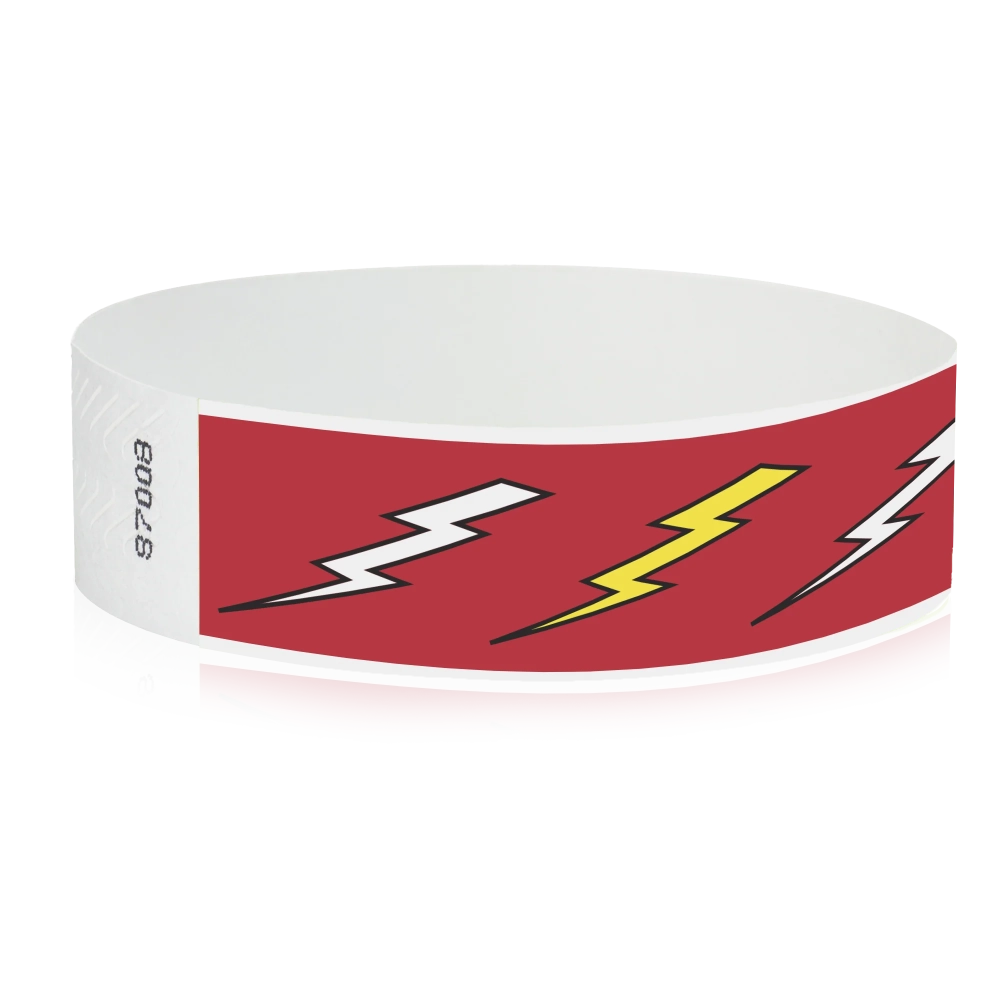 neon red tyvek wristband with white and neon yellow lightning pattern - round version shown