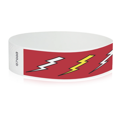 neon red tyvek wristband with white and neon yellow lightning pattern - round version shown
