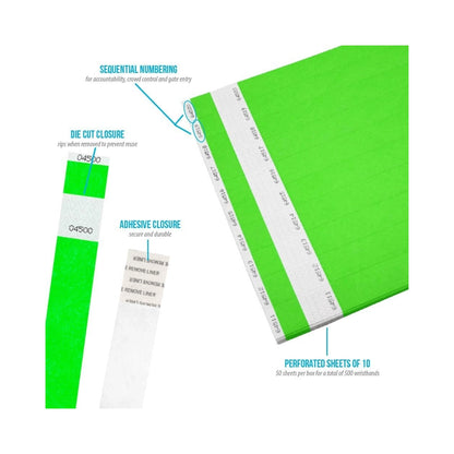 Tyvek 1" stub wristband in neon green - showing details of sequential numbering, die cut closure, adhesive closure and perforated sheets of 10. 
