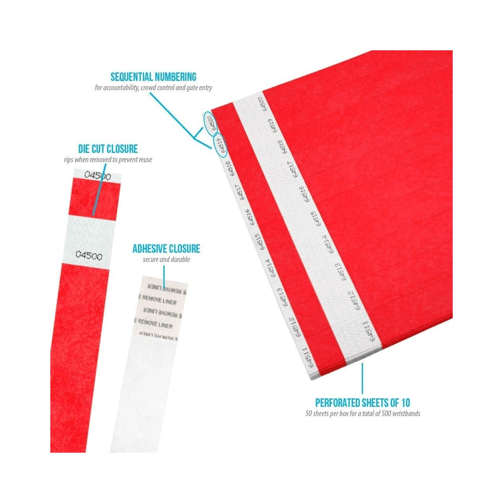 Tyvek 1" stub wristband in neon red - showing details of sequential numbering, die cut closure, adhesive closure and perforated sheets of 10. 