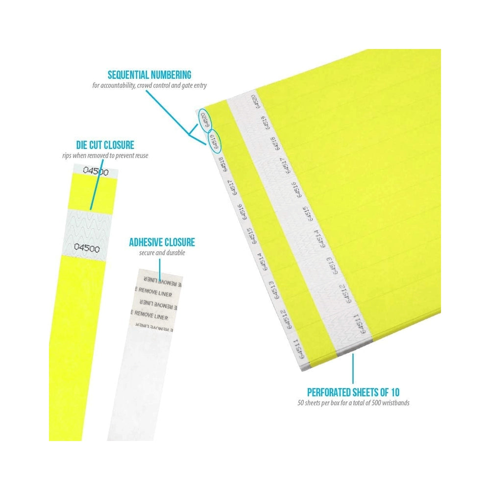 Tyvek 1" stub wristband in neon yellow - showing details of sequential numbering, die cut closure, adhesive closure and perforated sheets of 10. 