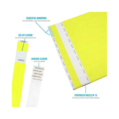 Tyvek 1" stub wristband in neon yellow - showing details of sequential numbering, die cut closure, adhesive closure and perforated sheets of 10. 