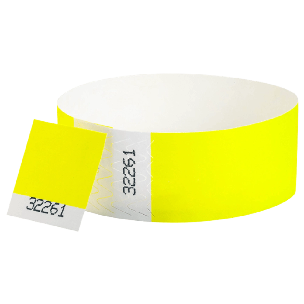 Tyvek 1" stub wristband in neon yellow -shown in round 