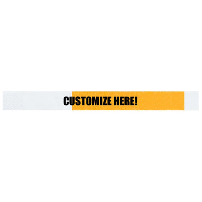 Tyvek 1" half flood wristband 1" in neon orange with black text "CUSTOMIZE HERE!" - shown in flat 