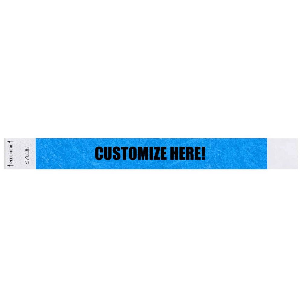 Tyvek 1" Litterfree wristband 1" in neon blue with black text "CUSTOMIZE HERE!" - shown in flat 