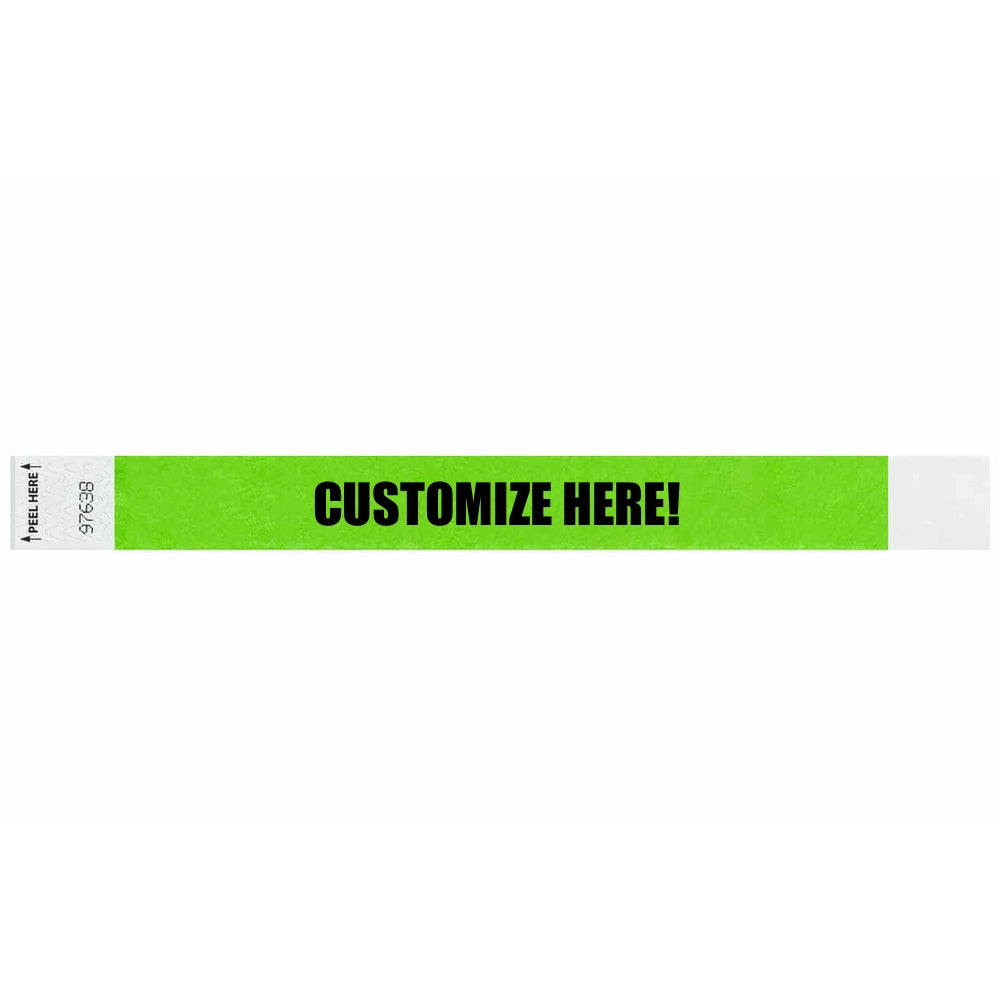 Tyvek 1" Litterfree wristband in neon green with black text "CUSTOMIZE HERE!" - shown in flat 
