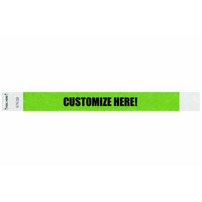 Tyvek 1" Litterfree wristband in neon green with black text "CUSTOMIZE HERE!" - shown in flat 