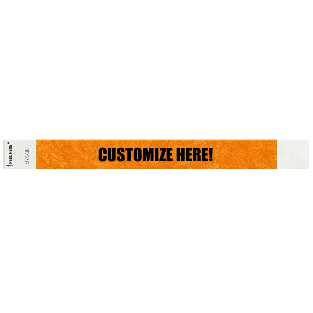 Tyvek 1" Litterfree wristband in neon orange with black text "CUSTOMIZE HERE!" - shown in flat 