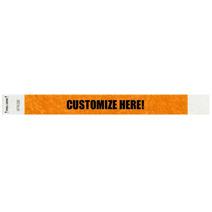 Tyvek 1" Litterfree wristband in neon orange with black text "CUSTOMIZE HERE!" - shown in flat 