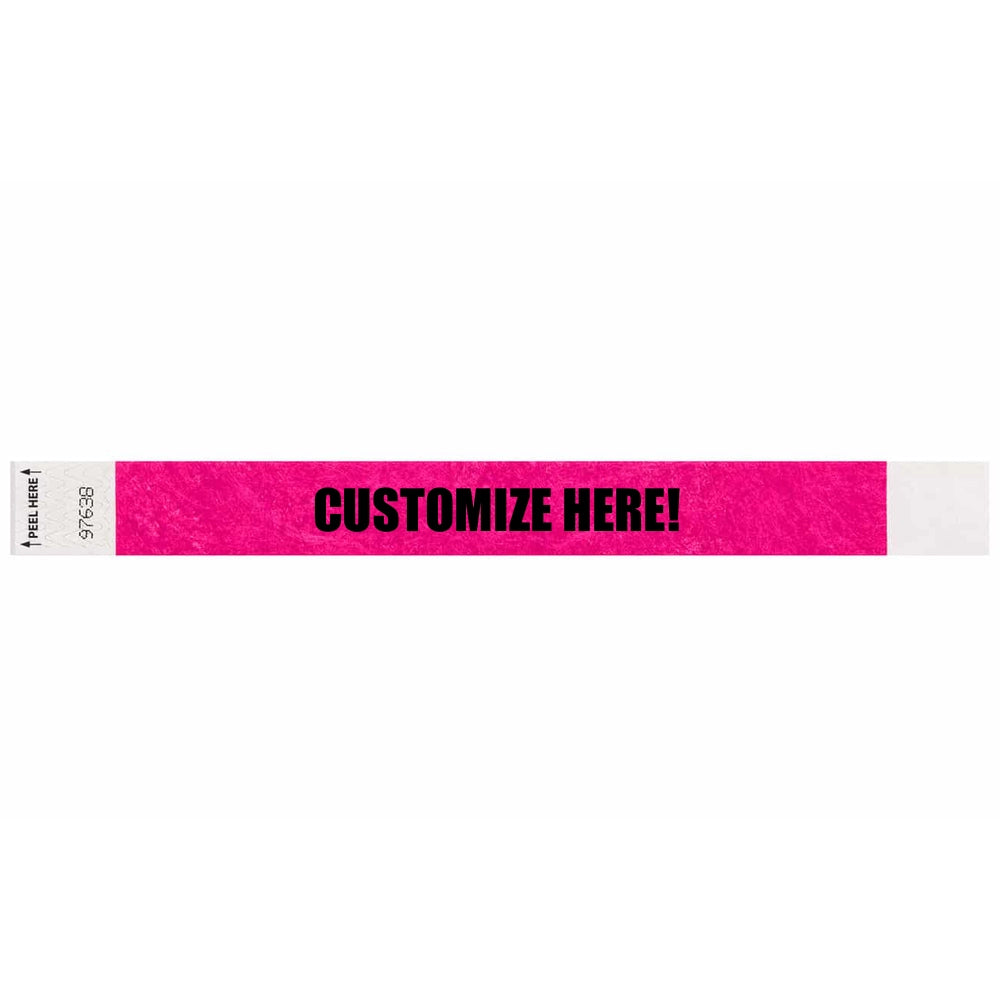 Tyvek 1" Litterfree wristband in neon pink with black text "CUSTOMIZE HERE!" - shown in flat 