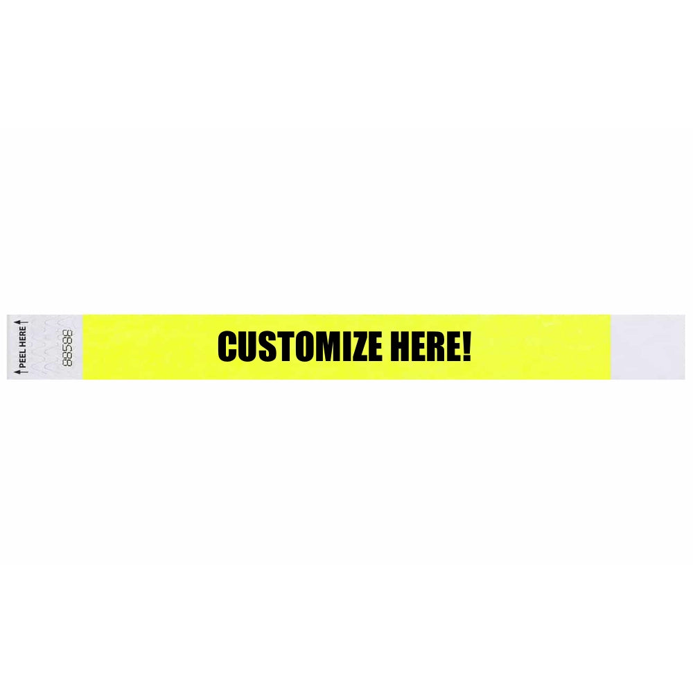 Tyvek 1" Litterfree wristband in neon yellow with black text "CUSTOMIZE HERE!" - shown in flat 