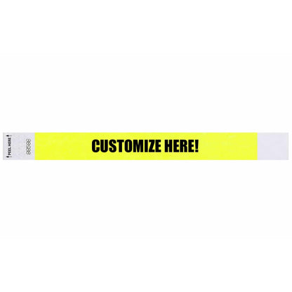 Tyvek 1" Litterfree wristband in neon yellow with black text "CUSTOMIZE HERE!" - shown in flat 