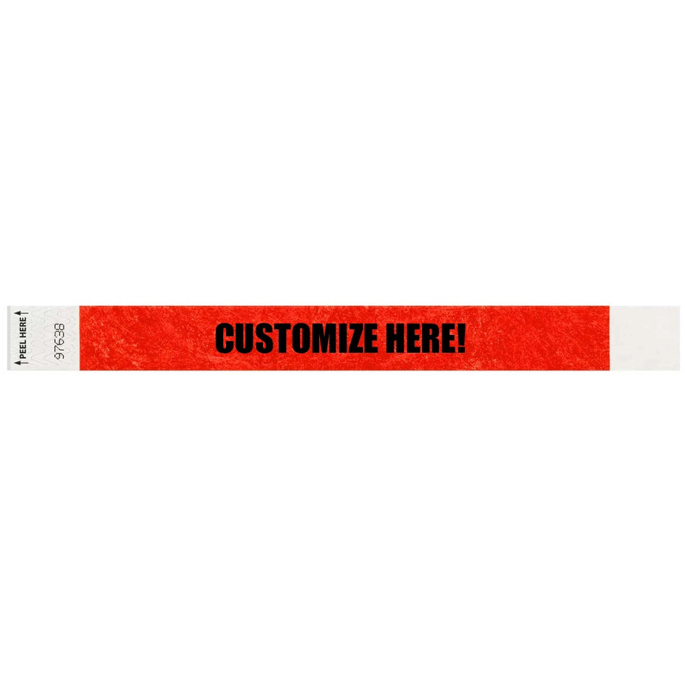 Tyvek 1" Litterfree wristband in neon red with black text "CUSTOMIZE HERE!" - shown in flat 