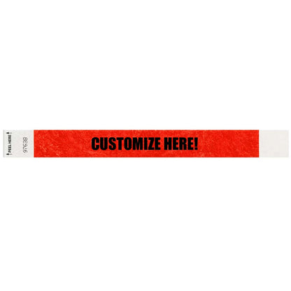 Tyvek 1" Litterfree wristband in neon red with black text "CUSTOMIZE HERE!" - shown in flat 