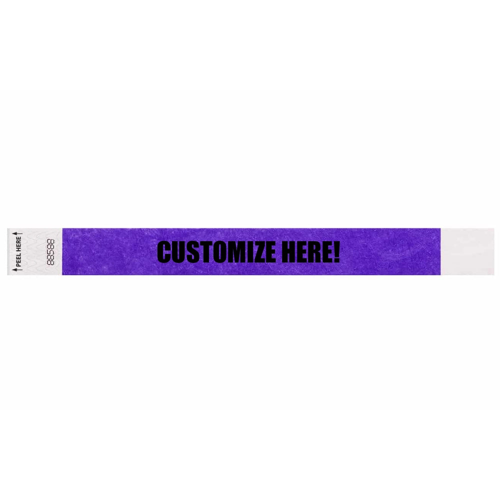 Tyvek 1" Litterfree wristband in purple with black text "CUSTOMIZE HERE!" - shown in flat 