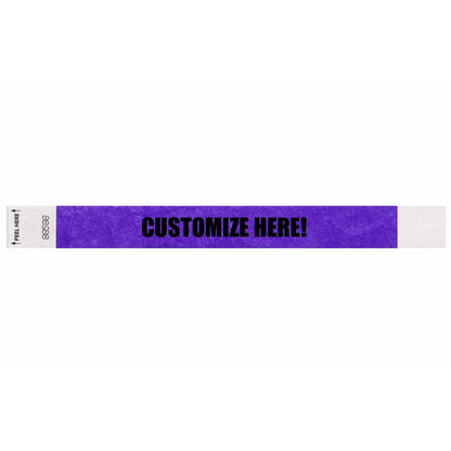 Tyvek 1" Litterfree wristband in purple with black text "CUSTOMIZE HERE!" - shown in flat 