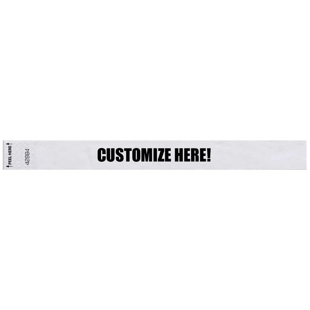 Tyvek 1" Litterfree wristband in white with black text "CUSTOMIZE HERE!" - shown in flat 