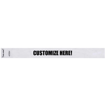 Tyvek 1" Litterfree wristband in white with black text "CUSTOMIZE HERE!" - shown in flat 