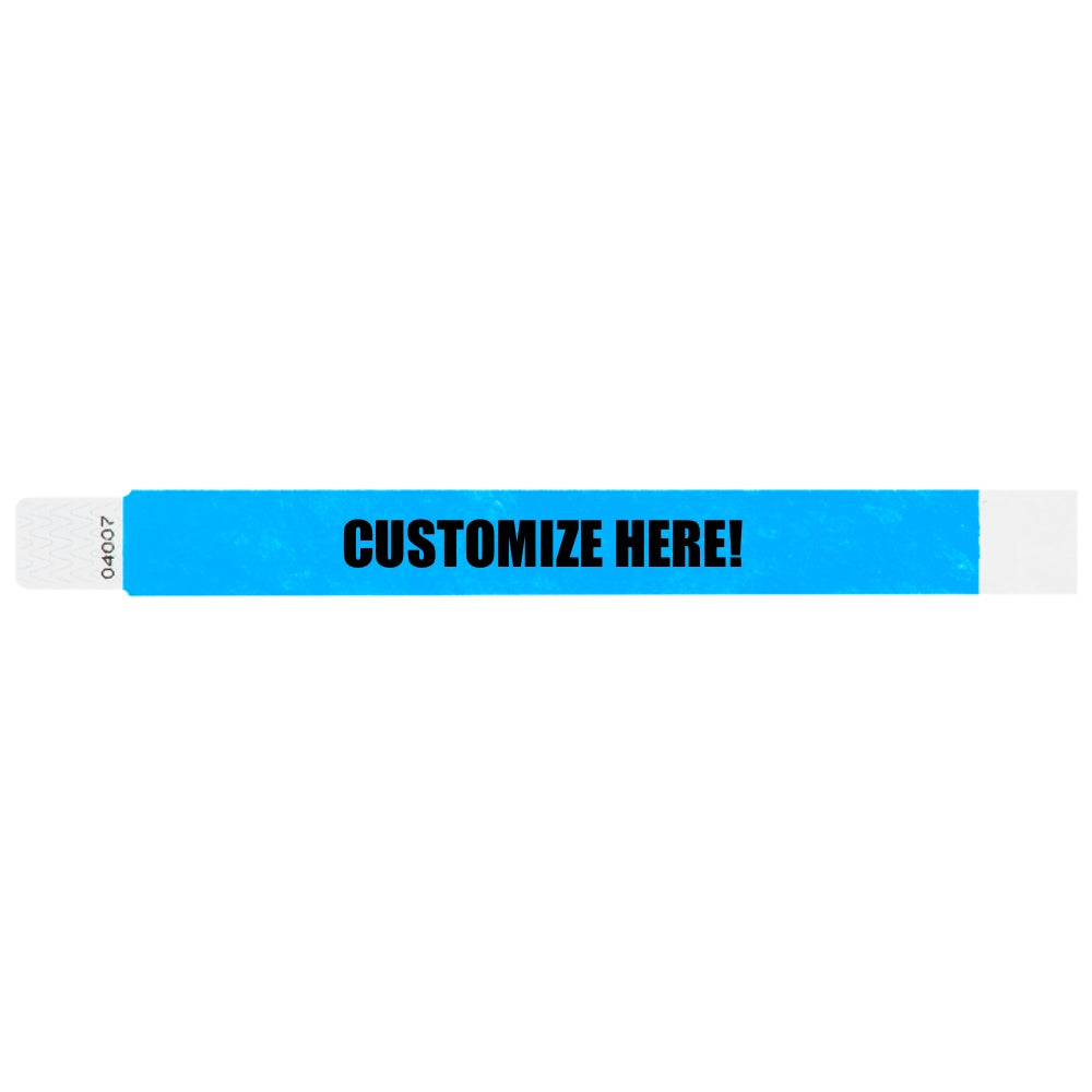 Tyvek 1" qwik fit wristband in neon blue with black text "CUSTOMIZE HERE!" - shown in flat 