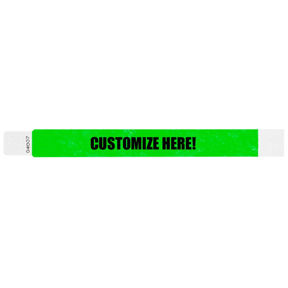 Tyvek 1" qwik fit wristband in neon green with black text "CUSTOMIZE HERE!" - shown in flat 