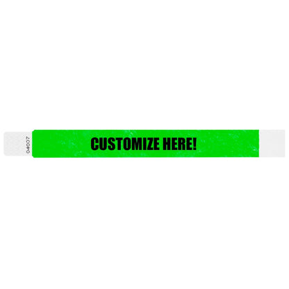 Tyvek 1" qwik fit wristband in neon green with black text "CUSTOMIZE HERE!" - shown in flat 