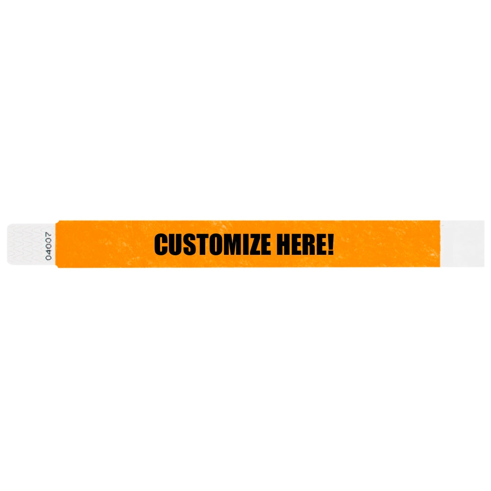 Tyvek 1" qwik fit wristband in neon orange with black text "CUSTOMIZE HERE!" - shown in flat 