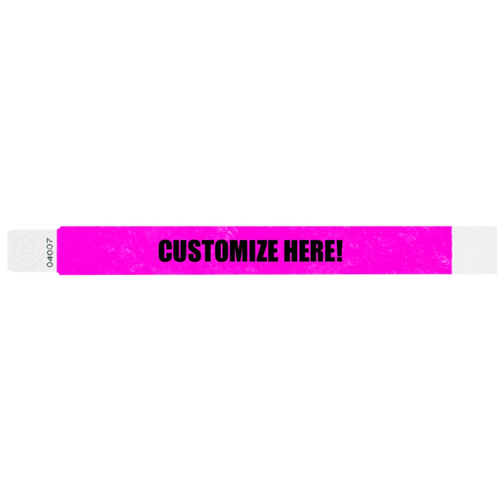 Tyvek 1" qwik fit wristband in neon pink with black text "CUSTOMIZE HERE!" - shown in flat 
