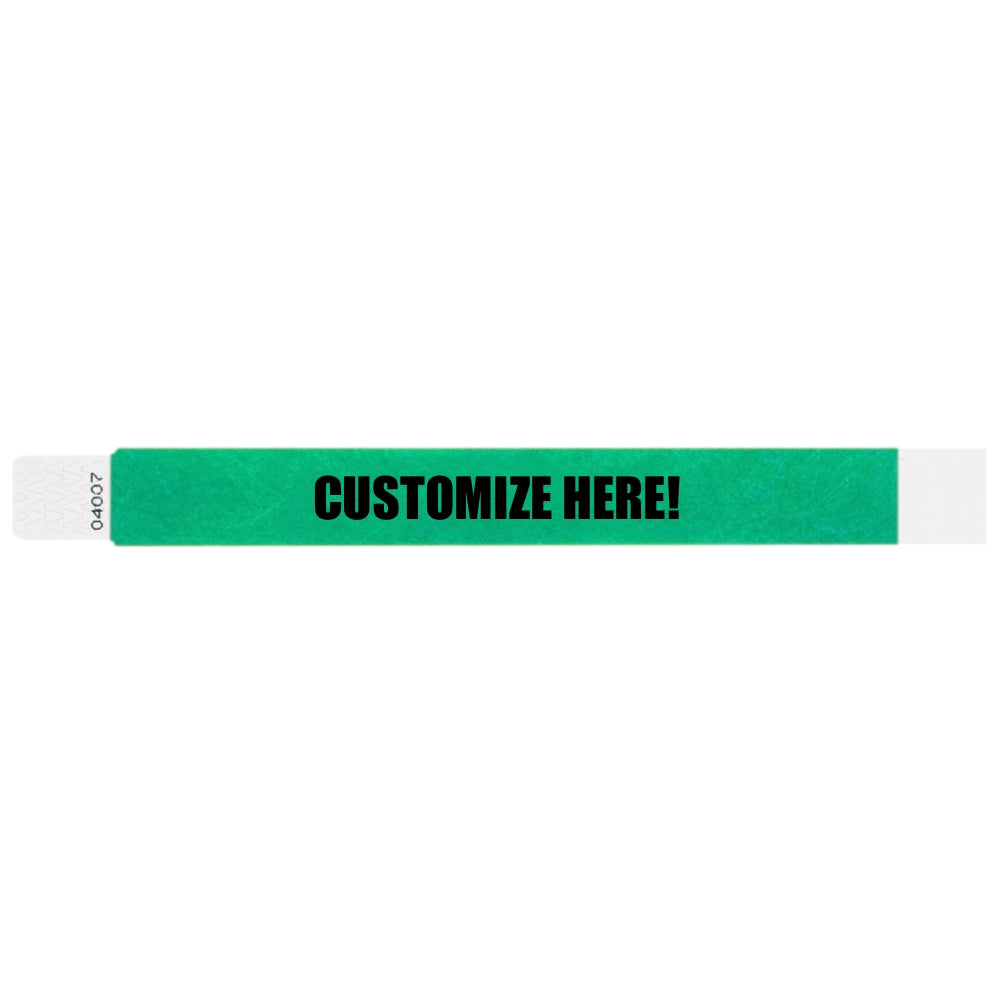 Tyvek 1" qwik fit wristband in pantone green with black text "CUSTOMIZE HERE!" - shown in flat 