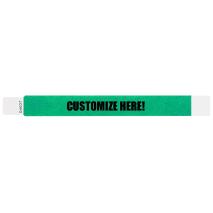 Tyvek 1" qwik fit wristband in pantone green with black text "CUSTOMIZE HERE!" - shown in flat 