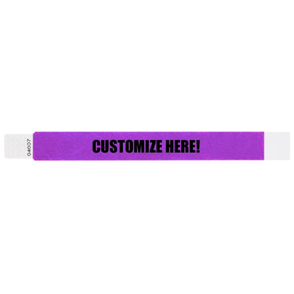 Tyvek 1" qwik fit wristband in pantone purple with black text "CUSTOMIZE HERE!" - shown in flat 