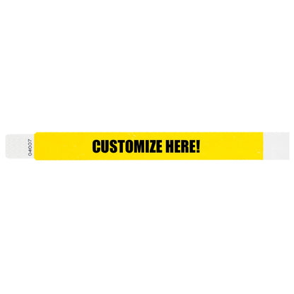 Tyvek 1" qwik fit wristband in pantone yellow with black text "CUSTOMIZE HERE!" - shown in flat 