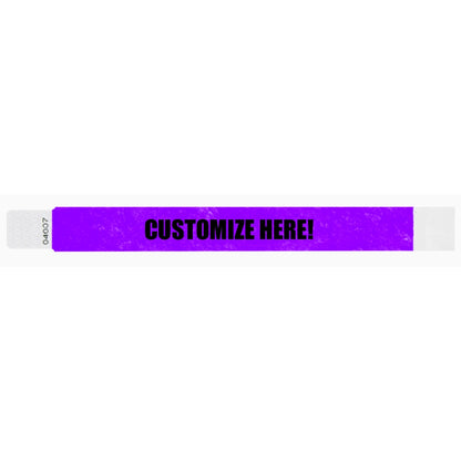 Tyvek 1" qwik fit wristband in purple with black text "CUSTOMIZE HERE!" - shown in flat 